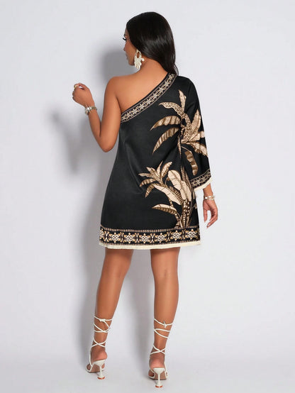 Early Autumn Black Tropical Plant Print One Shoulder Short Dress, Women's Elegant Beach Vacation Party Dress Summer