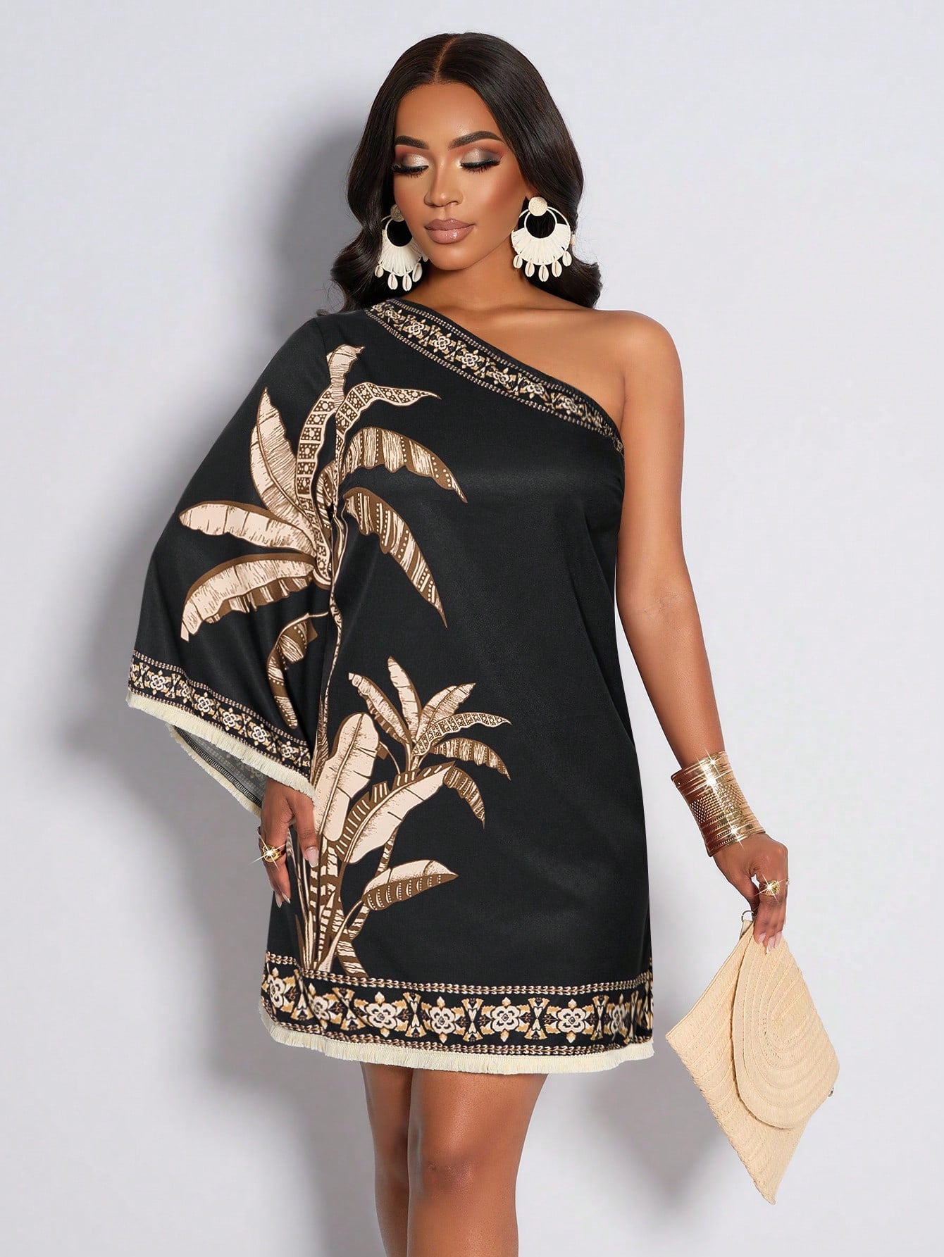Early Autumn Black Tropical Plant Print One Shoulder Short Dress, Women's Elegant Beach Vacation Party Dress Summer