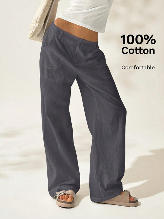 Easelle Women's Casual Washed Cotton High Waisted Straight Leg Pants, Dark Grey