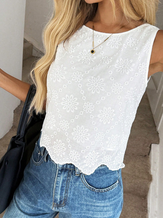 Easowa Casual Women Embroidery Decor Round Neck Sleeveless Short Blouse, For Vacation Funny Cute Summer Top Woman Ibiza