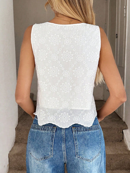 Easowa Casual Women Embroidery Decor Round Neck Sleeveless Short Blouse, For Vacation Funny Cute Summer Top Woman Ibiza