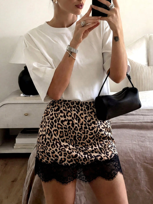 Easowa Women's Beige Leopard Print Contrast Lace A-Line Skirt Night Party Summer Sexy