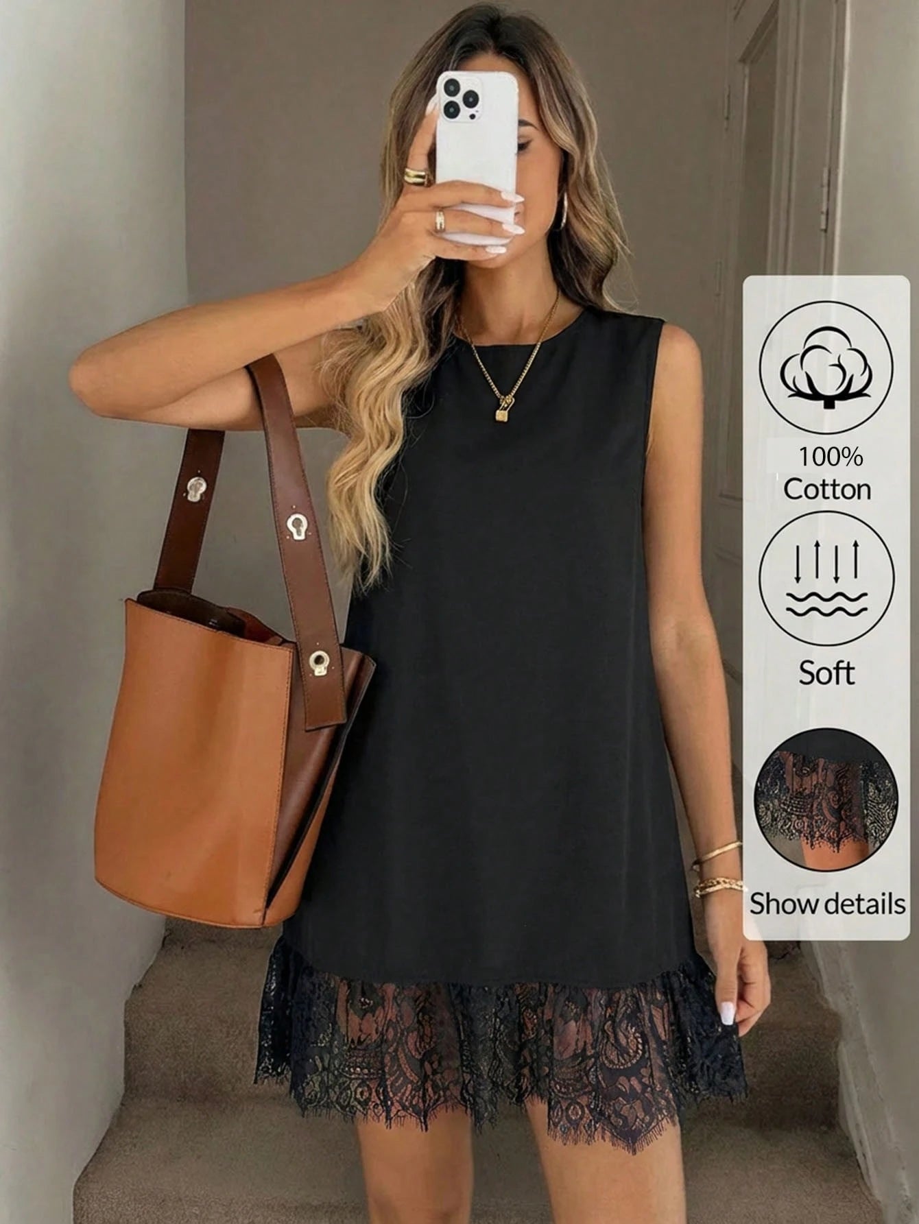 Easowa Women's Black Cotton Crew Neck Sleeveless Lace Hem Mini Dress,Soft Casual Summer Shift Dress For Beach,Holiday,Vacation,Brunch,Spring Ruffle Dress