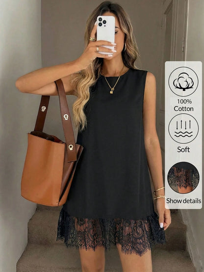 Easowa Women's Black Cotton Crew Neck Sleeveless Lace Hem Mini Dress,Soft Casual Summer Shift Dress For Beach,Holiday,Vacation,Brunch,Spring Ruffle Dress