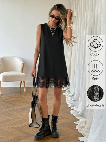 Easowa Women's Black Cotton Crew Neck Sleeveless Lace Hem Mini Dress,Soft Casual Summer Shift Dress For Beach,Holiday,Vacation,Brunch,Spring Ruffle Dress