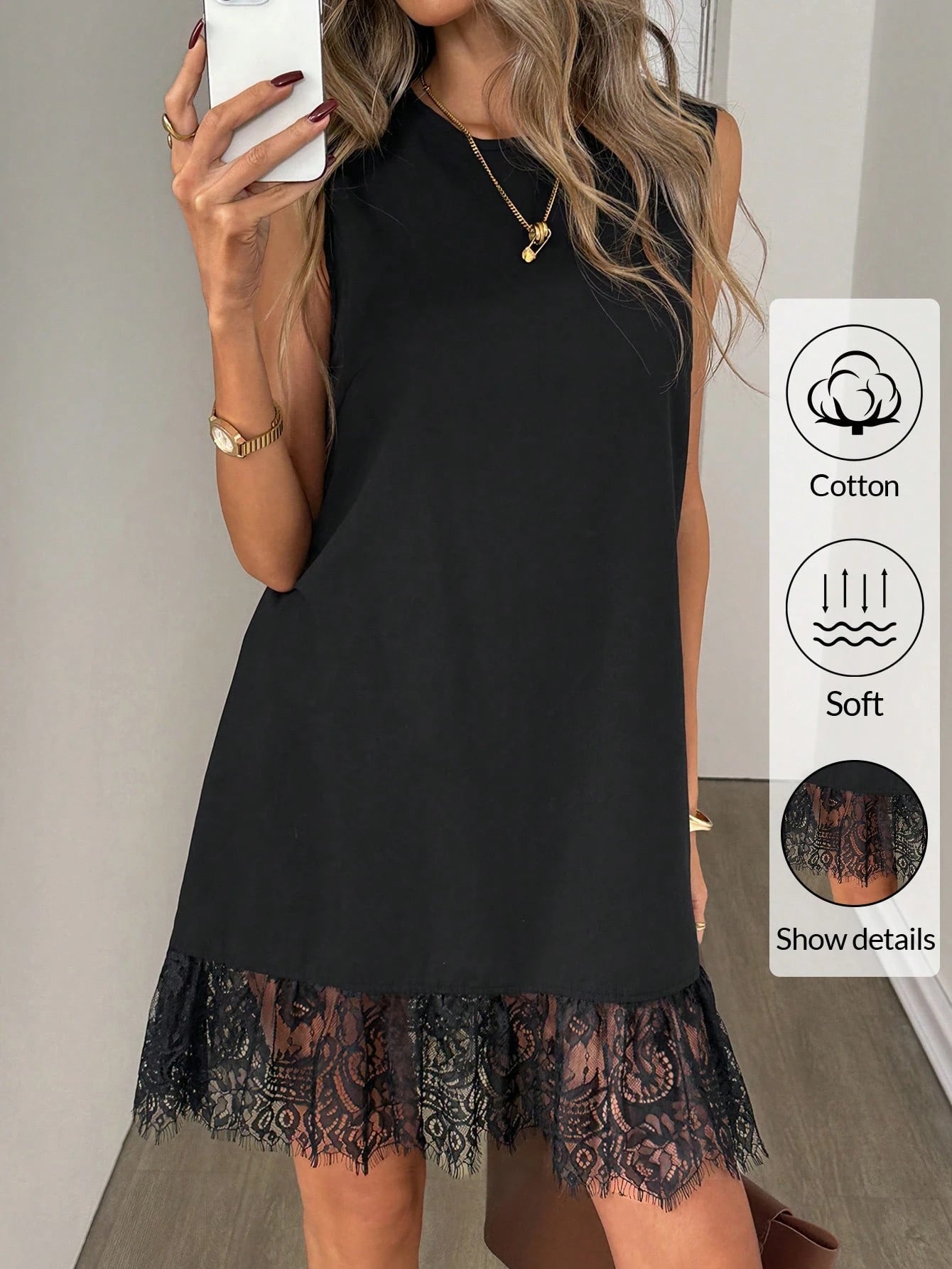 Easowa Women's Black Cotton Crew Neck Sleeveless Lace Hem Mini Dress,Soft Casual Summer Shift Dress For Beach,Holiday,Vacation,Brunch,Spring Ruffle Dress