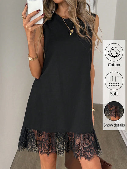 Easowa Women's Black Cotton Crew Neck Sleeveless Lace Hem Mini Dress,Soft Casual Summer Shift Dress For Beach,Holiday,Vacation,Brunch,Spring Ruffle Dress