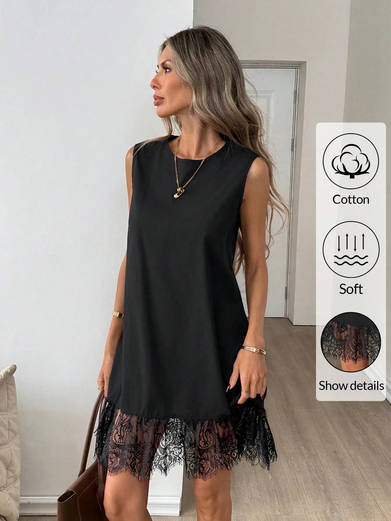 Easowa Women's Black Cotton Crew Neck Sleeveless Lace Hem Mini Dress,Soft Casual Summer Shift Dress For Beach,Holiday,Vacation,Brunch,Spring Ruffle Dress