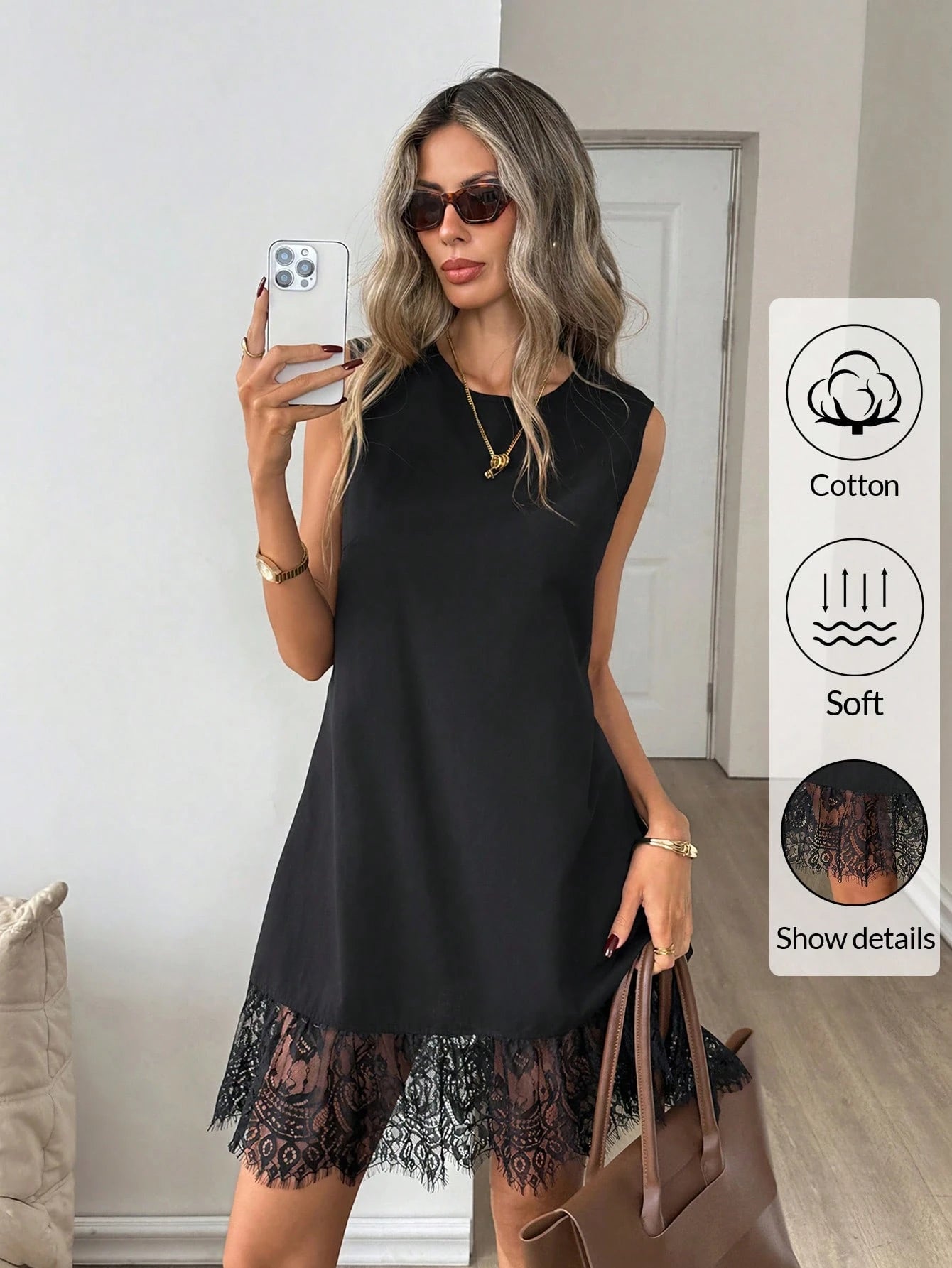 Easowa Women's Black Cotton Crew Neck Sleeveless Lace Hem Mini Dress,Soft Casual Summer Shift Dress For Beach,Holiday,Vacation,Brunch,Spring Ruffle Dress