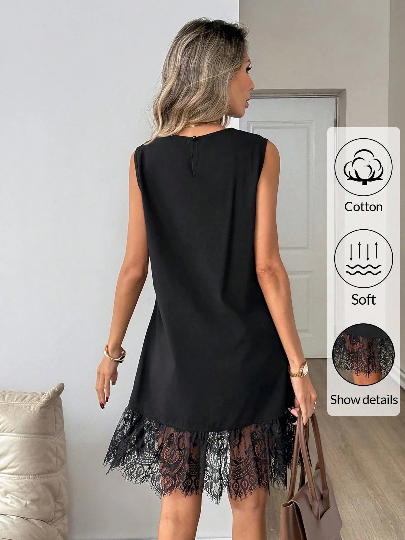 Easowa Women's Black Cotton Crew Neck Sleeveless Lace Hem Mini Dress,Soft Casual Summer Shift Dress For Beach,Holiday,Vacation,Brunch,Spring Ruffle Dress