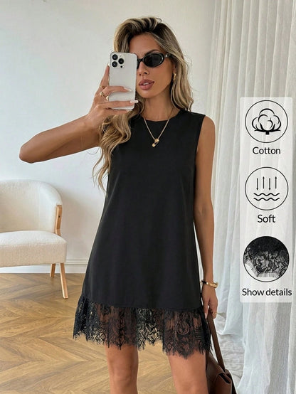 Easowa Women's Black Cotton Crew Neck Sleeveless Lace Hem Mini Dress,Soft Casual Summer Shift Dress For Beach,Holiday,Vacation,Brunch,Spring Ruffle Dress