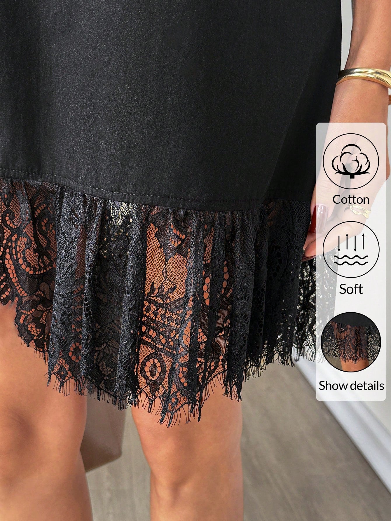 Easowa Women's Black Cotton Crew Neck Sleeveless Lace Hem Mini Dress,Soft Casual Summer Shift Dress For Beach,Holiday,Vacation,Brunch,Spring Ruffle Dress