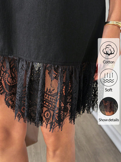 Easowa Women's Black Cotton Crew Neck Sleeveless Lace Hem Mini Dress,Soft Casual Summer Shift Dress For Beach,Holiday,Vacation,Brunch,Spring Ruffle Dress