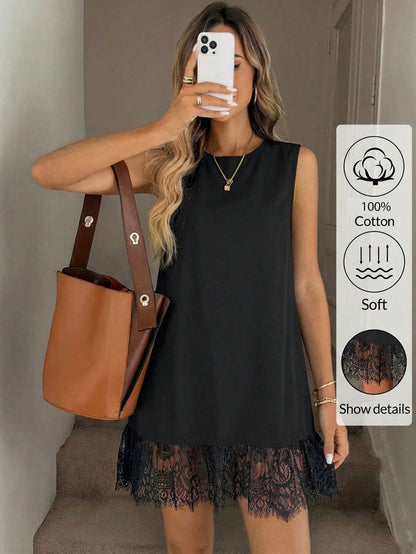 Easowa Women's Black Cotton Crew Neck Sleeveless Lace Hem Mini Dress,Soft Casual Summer Shift Dress For Beach,Holiday,Vacation,Brunch,Spring Ruffle Dress