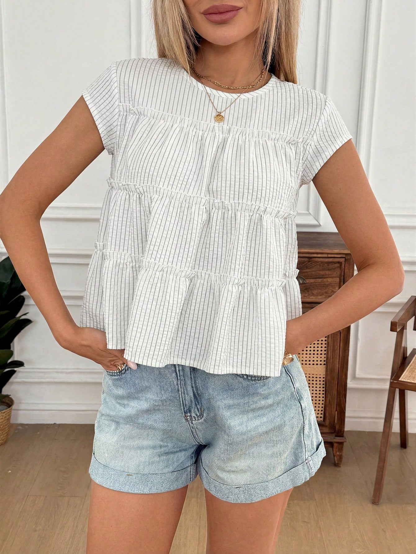 Easowa Women's Round Neck Ruffle Trim Striped Short Sleeve Blouse, Summer Tops For Woman Blouses And Casual Top Women