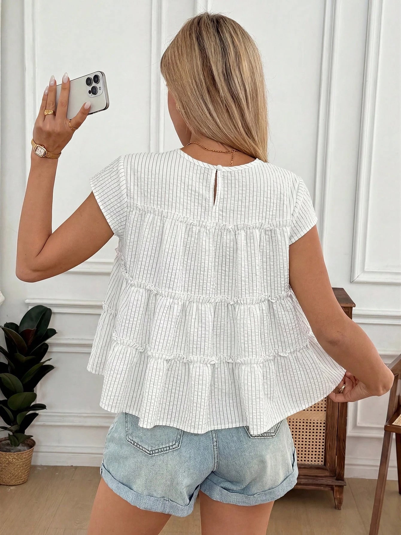 Easowa Women's Round Neck Ruffle Trim Striped Short Sleeve Blouse, Summer Tops For Woman Blouses And Casual Top Women