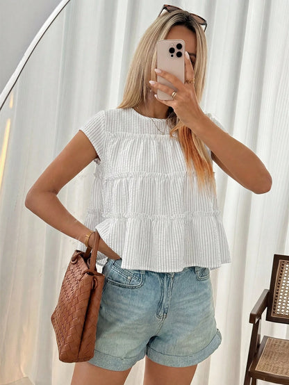 Easowa Women's Round Neck Ruffle Trim Striped Short Sleeve Blouse, Summer Tops For Woman Blouses And Casual Top Women