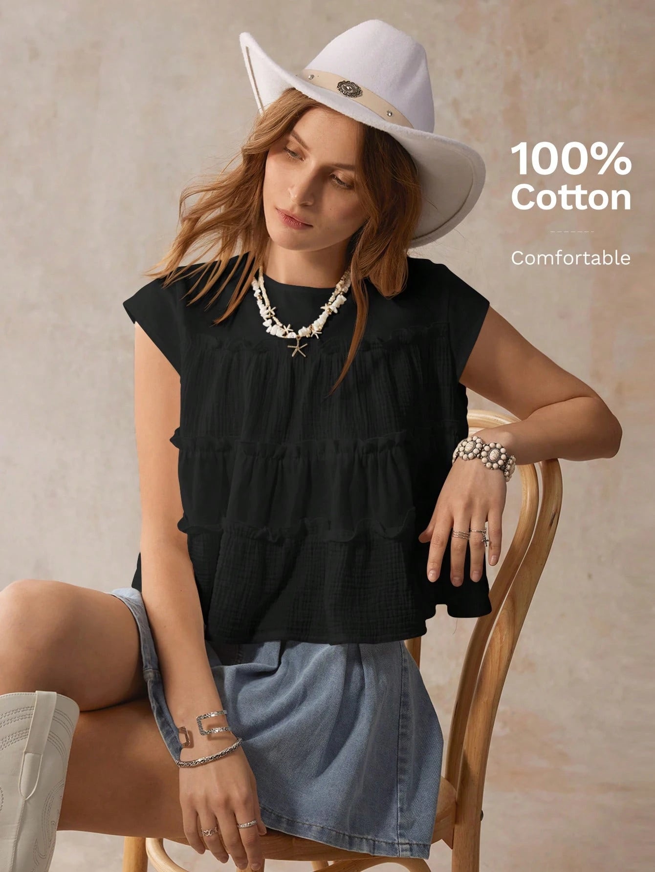 Easowa Women's Round Neck Ruffle Trim Striped Short Sleeve Blouse, Summer Tops For Woman Blouses And Casual Top Women