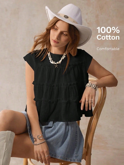 Easowa Women's Round Neck Ruffle Trim Striped Short Sleeve Blouse, Summer Tops For Woman Blouses And Casual Top Women