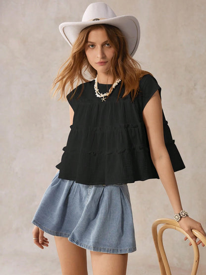 Easowa Women's Round Neck Ruffle Trim Striped Short Sleeve Blouse, Summer Tops For Woman Blouses And Casual Top Women