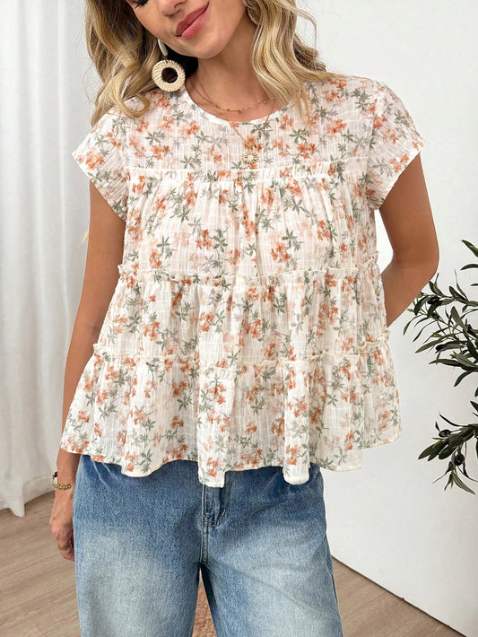Easowa Women's Vacation Floral Print Round Neck Short Sleeve Ruffle Hem Blouse Vacation White Floral Summer Boho