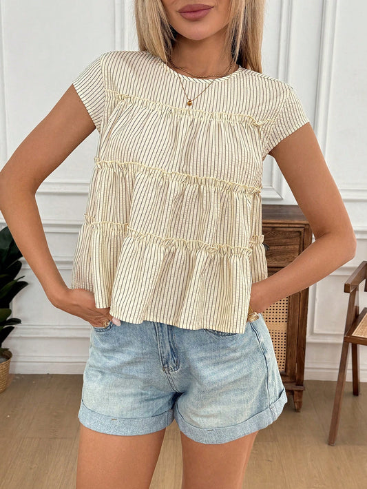 Easowa Women's White Print Ruffle Hem Round Neck Short Sleeve Blouse Ruffled Smocked Peplum Top Brunch Summer Casual Cute Sequence