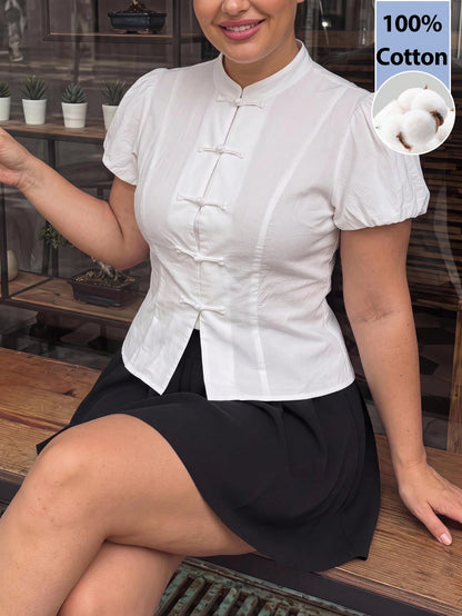 EastFlair Plus Size Women Solid Color Frog Button Casual Elegant Eleganza Versatile Daily Wear Top Party Evening All White Summer