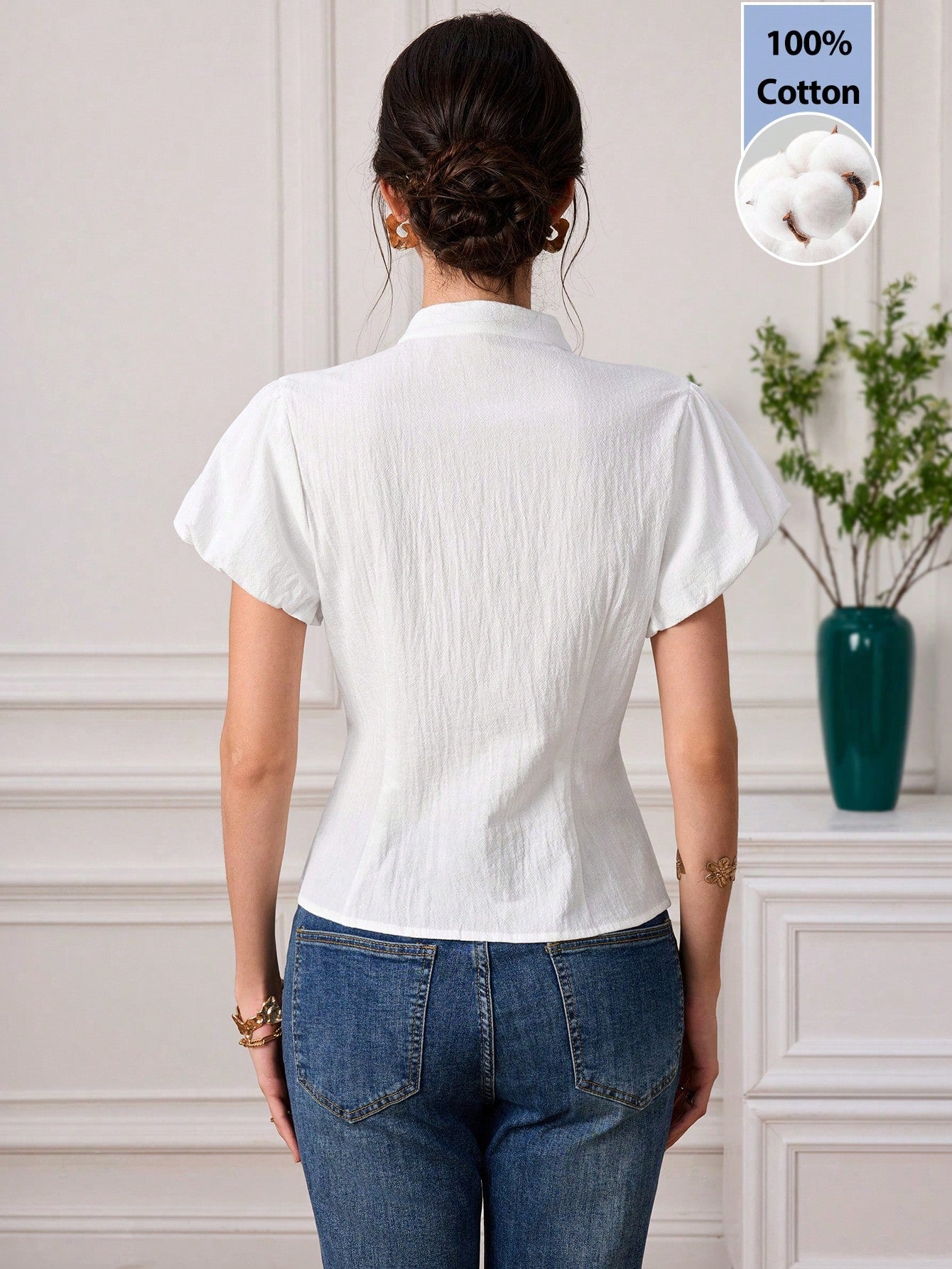 EastFlair Plus Size Women Solid Color Frog Button Casual Elegant Eleganza Versatile Daily Wear Top Party Evening All White Summer