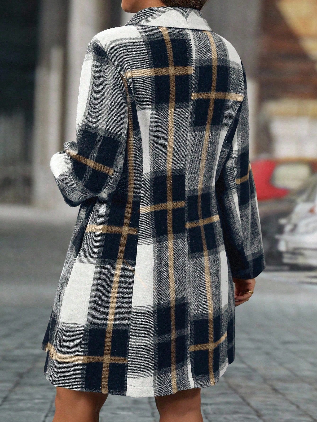 Easura Plus Size Women Plaid Lapel Long Sleeve Casual Elegant Overcoat, Autumn/Winter Fall Cloth For Women Office Evening Hiking Party All White
