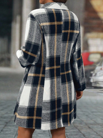 Easura Plus Size Women Plaid Lapel Long Sleeve Casual Elegant Overcoat, Autumn/Winter Fall Cloth For Women Office Evening Hiking Party All White