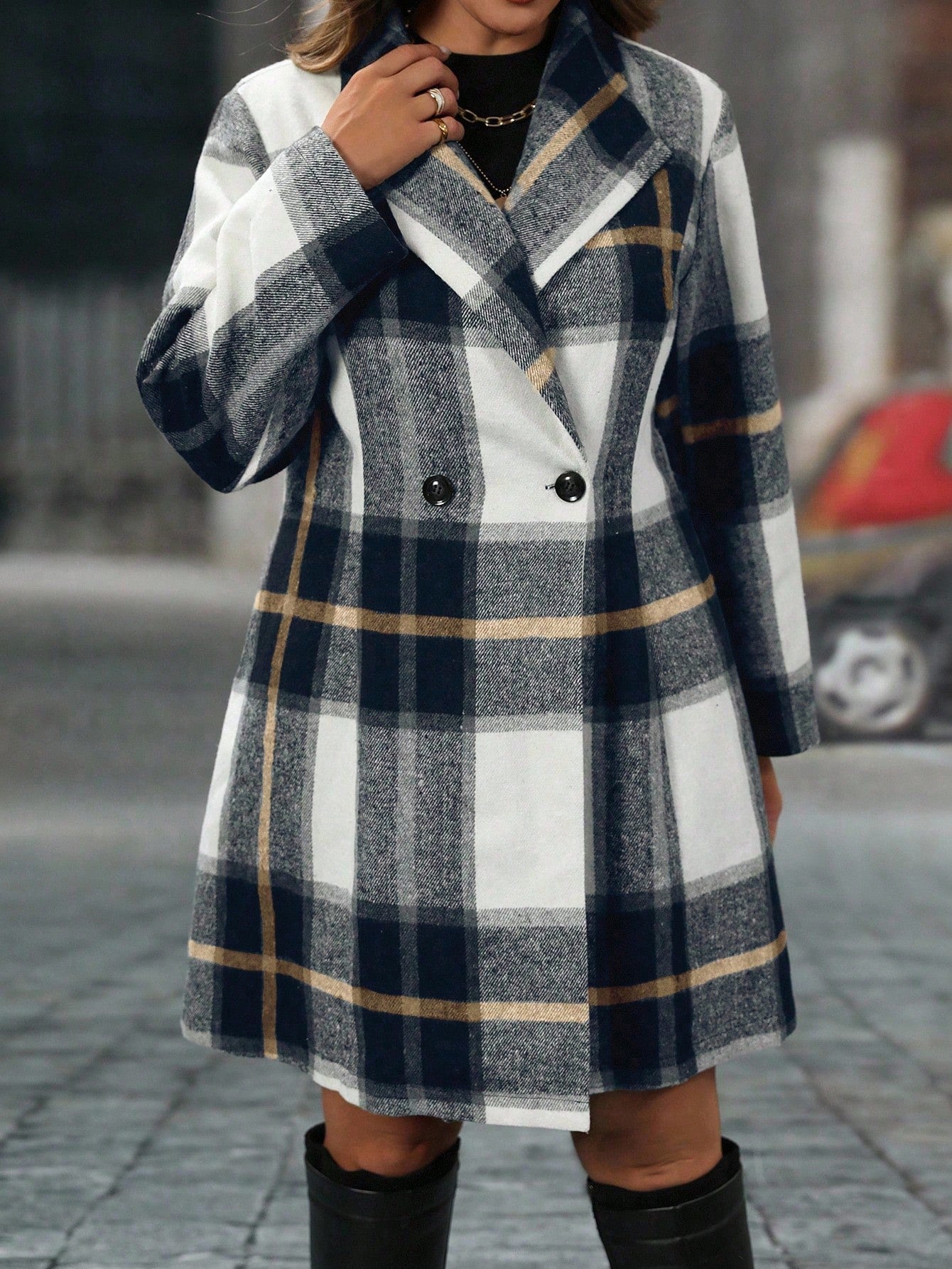 Easura Plus Size Women Plaid Lapel Long Sleeve Casual Elegant Overcoat, Autumn/Winter Fall Cloth For Women Office Evening Hiking Party All White