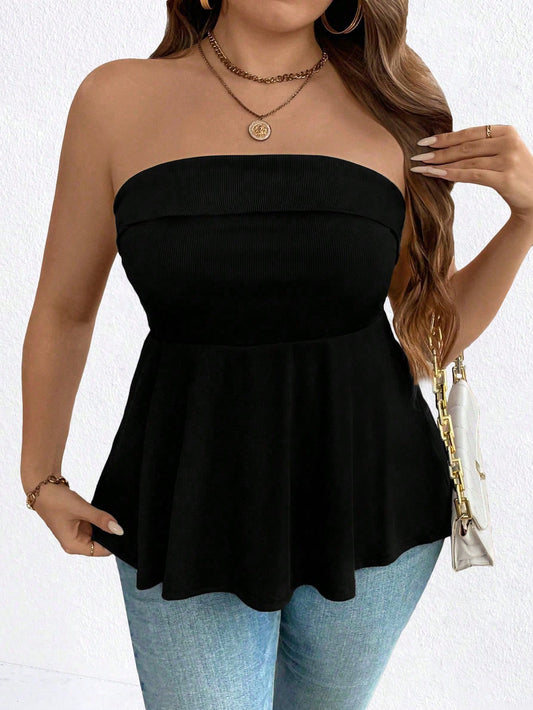 Easura Plus Size Women Solid Color Sleeveless Ruffle Hem Casual Cami Top