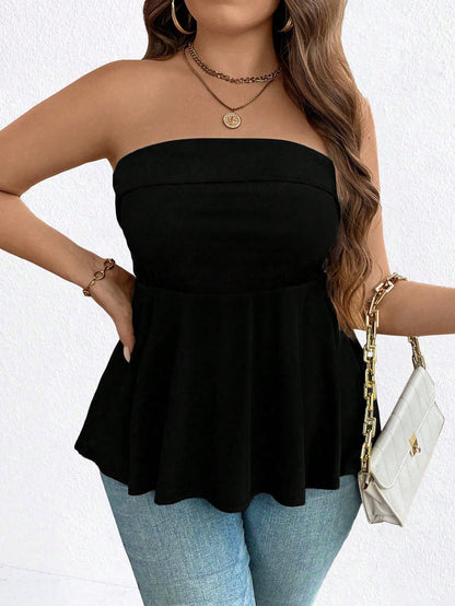 Easura Plus Size Women Solid Color Sleeveless Ruffle Hem Casual Cami Top