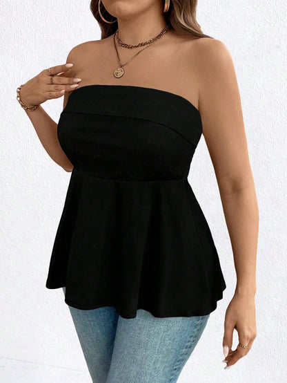 Easura Plus Size Women Solid Color Sleeveless Ruffle Hem Casual Cami Top