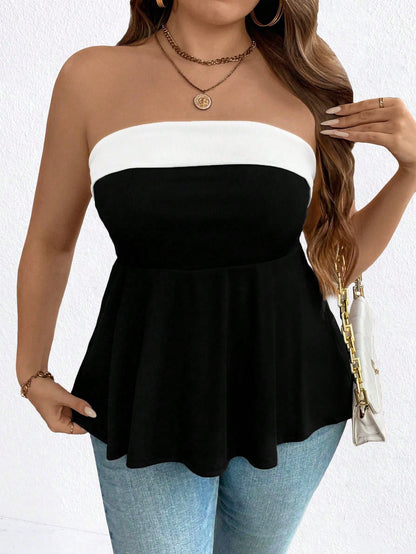 Easura Plus Size Women Solid Color Sleeveless Ruffle Hem Casual Cami Top