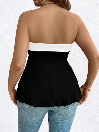 Easura Plus Size Women Solid Color Sleeveless Ruffle Hem Casual Cami Top
