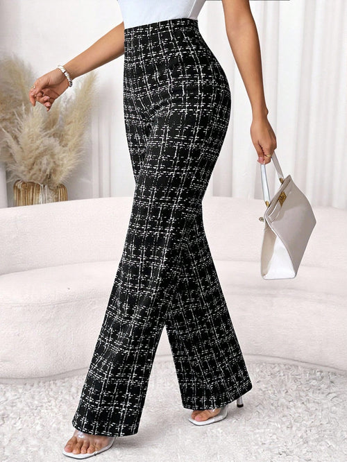 Editum Women's Black And White Checkered Elegant Knitted Pants,Winter Classy Dining Office Plaid Printed Elastic Trousers For Summer Teachers' Day,Daily
