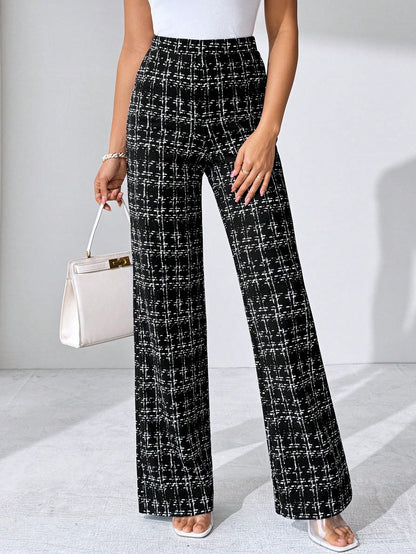 Editum Women's Black And White Checkered Elegant Knitted Pants,Winter Classy Dining Office Plaid Printed Elastic Trousers For Summer Teachers' Day,Daily