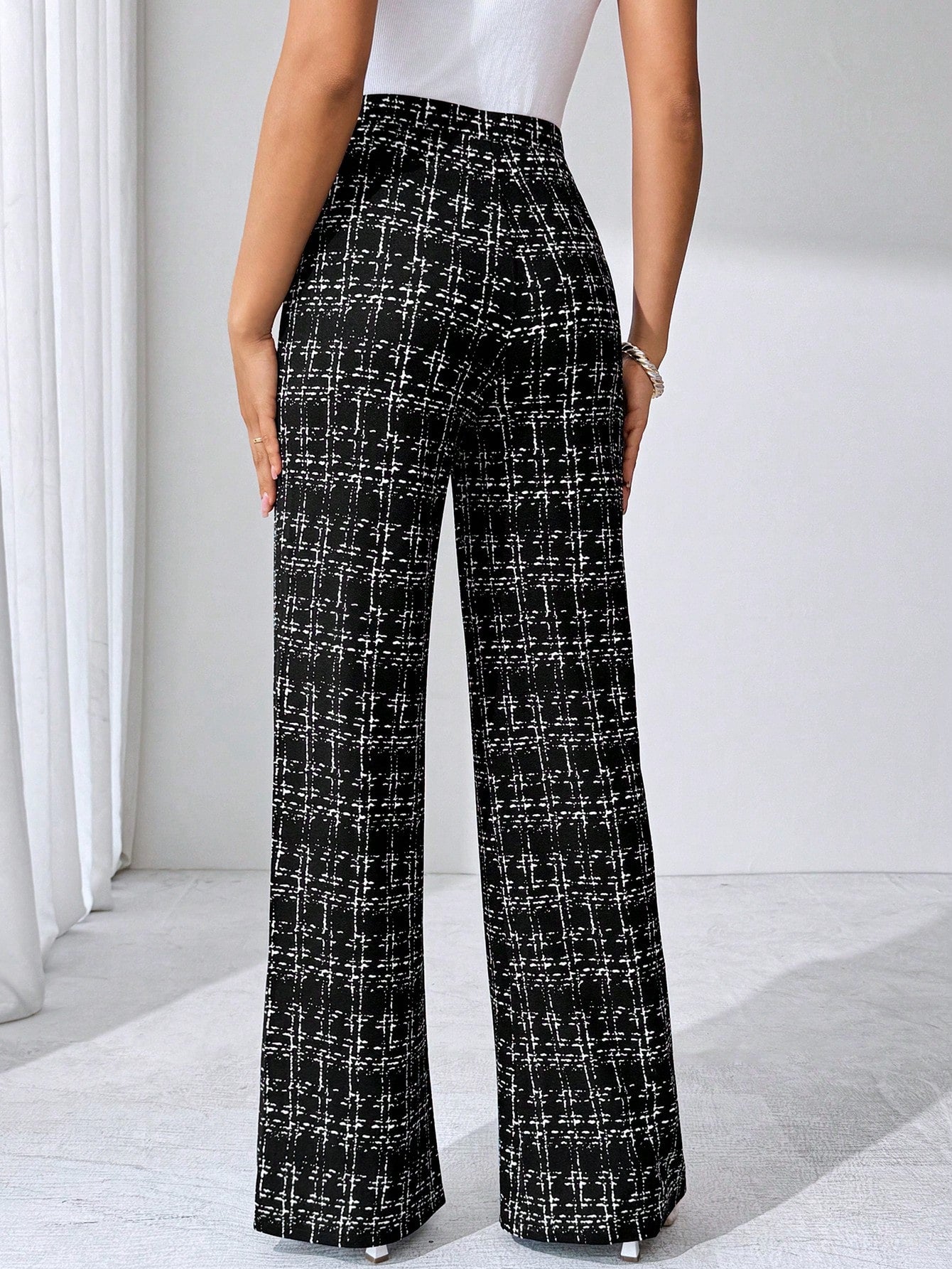 Editum Women's Black And White Checkered Elegant Knitted Pants,Winter Classy Dining Office Plaid Printed Elastic Trousers For Summer Teachers' Day,Daily