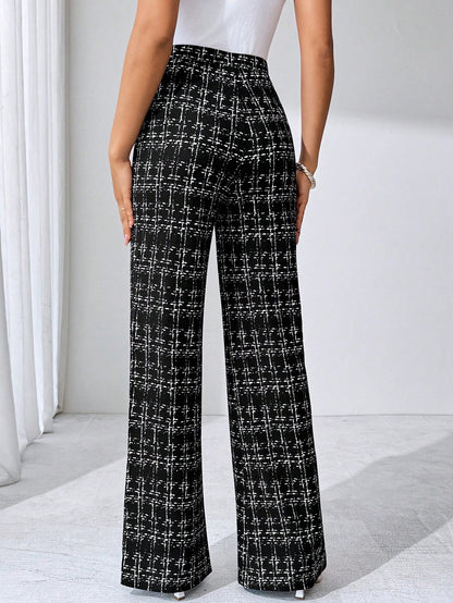 Editum Women's Black And White Checkered Elegant Knitted Pants,Winter Classy Dining Office Plaid Printed Elastic Trousers For Summer Teachers' Day,Daily