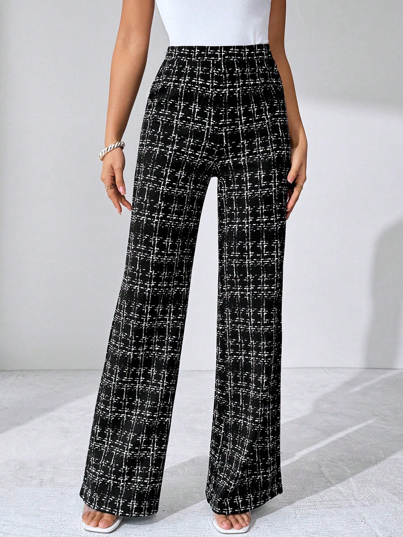 Editum Women's Black And White Checkered Elegant Knitted Pants,Winter Classy Dining Office Plaid Printed Elastic Trousers For Summer Teachers' Day,Daily