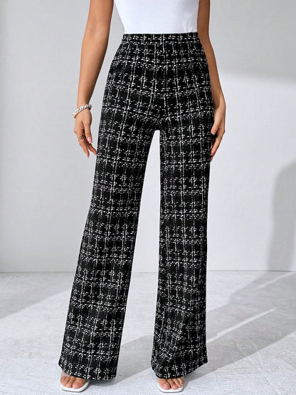 Editum Women's Black And White Checkered Elegant Knitted Pants,Winter Classy Dining Office Plaid Printed Elastic Trousers For Summer Teachers' Day,Daily