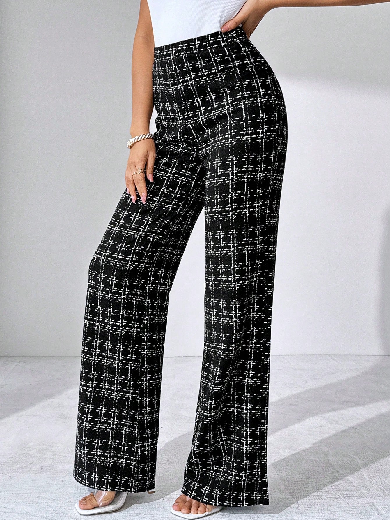 Editum Women's Black And White Checkered Elegant Knitted Pants,Winter Classy Dining Office Plaid Printed Elastic Trousers For Summer Teachers' Day,Daily