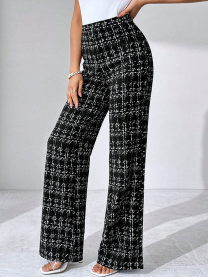 Editum Women's Black And White Checkered Elegant Knitted Pants,Winter Classy Dining Office Plaid Printed Elastic Trousers For Summer Teachers' Day,Daily