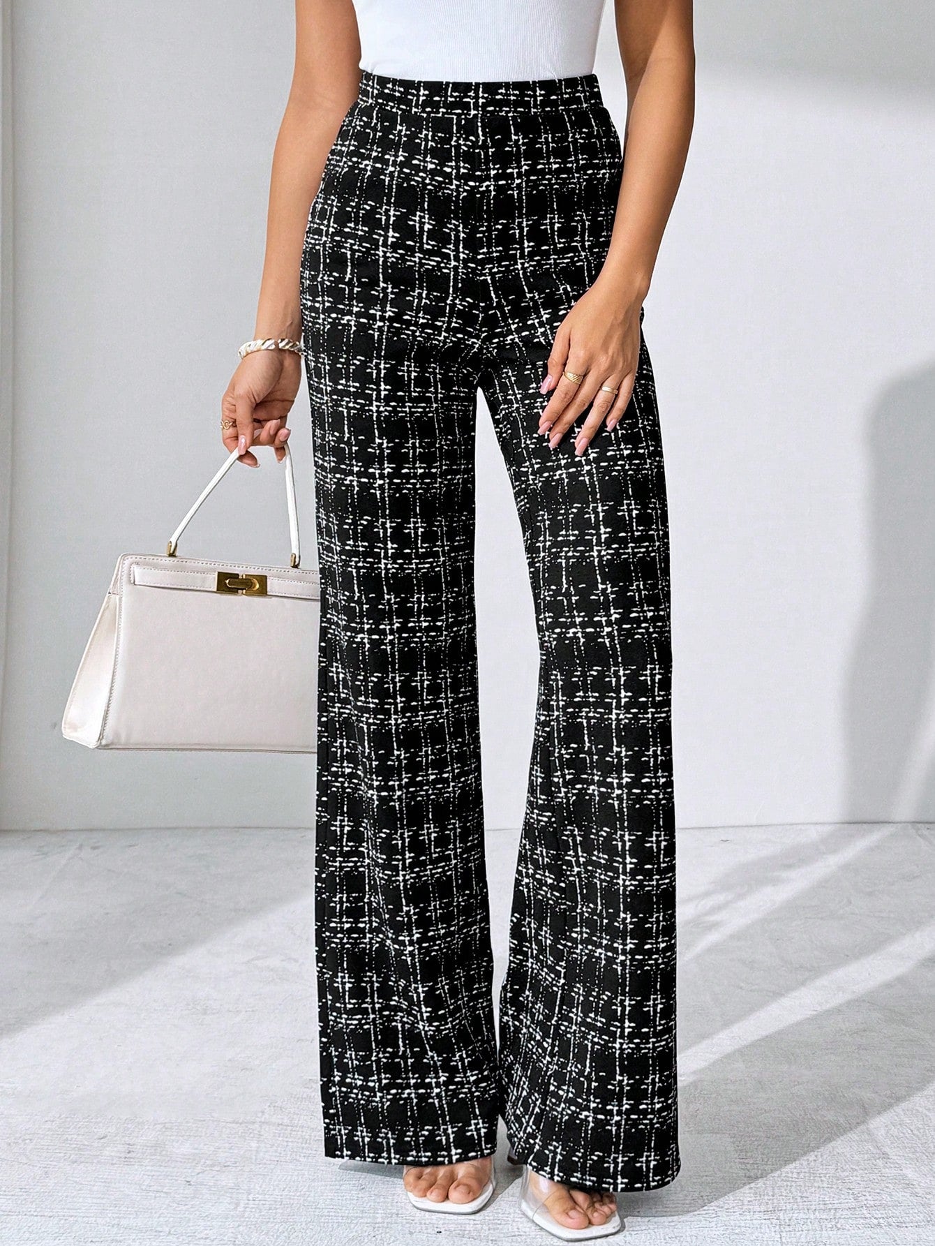 Editum Women's Black And White Checkered Elegant Knitted Pants,Winter Classy Dining Office Plaid Printed Elastic Trousers For Summer Teachers' Day,Daily