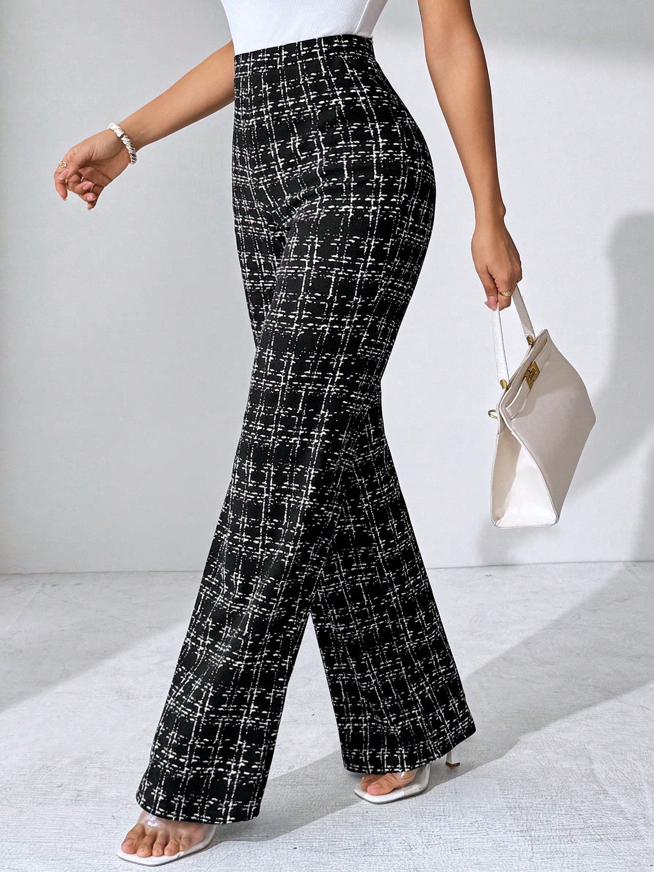 Editum Women's Black And White Checkered Elegant Knitted Pants,Winter Classy Dining Office Plaid Printed Elastic Trousers For Summer Teachers' Day,Daily