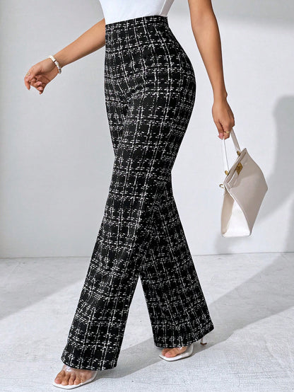 Editum Women's Black And White Checkered Elegant Knitted Pants,Winter Classy Dining Office Plaid Printed Elastic Trousers For Summer Teachers' Day,Daily