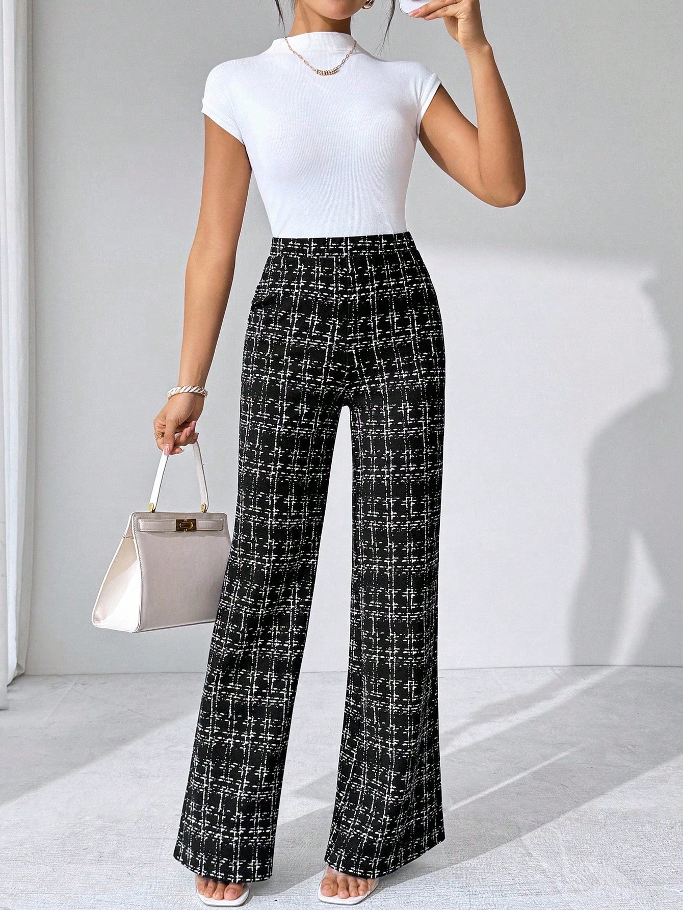 Editum Women's Black And White Checkered Elegant Knitted Pants,Winter Classy Dining Office Plaid Printed Elastic Trousers For Summer Teachers' Day,Daily