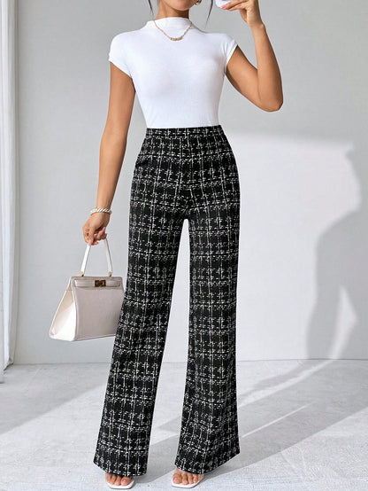 Editum Women's Black And White Checkered Elegant Knitted Pants,Winter Classy Dining Office Plaid Printed Elastic Trousers For Summer Teachers' Day,Daily