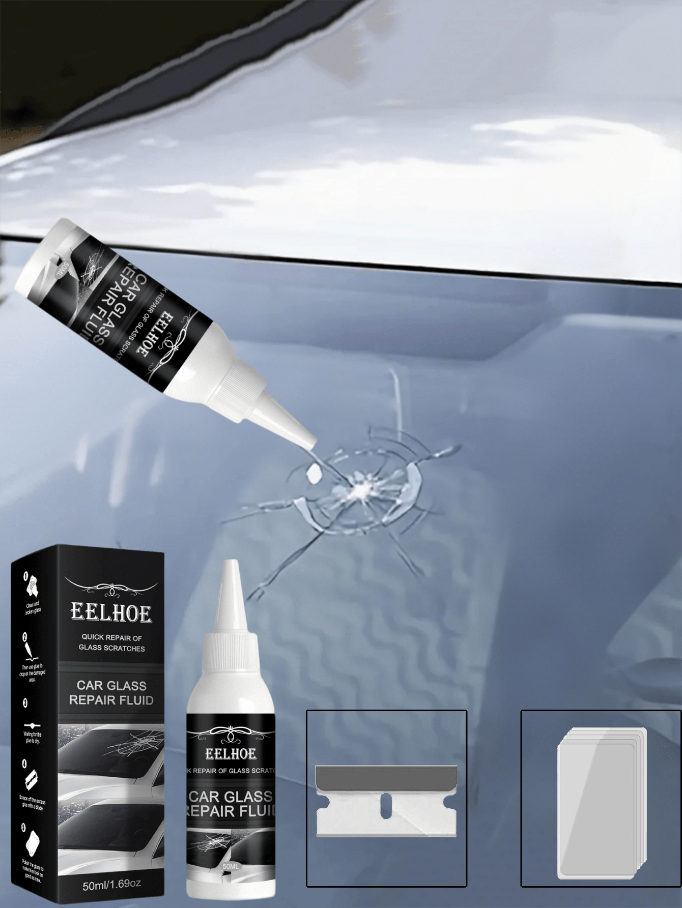 EELHOE 2 In 1 Car Windshield Repair Kit – Professional Crack & Scratch Fix Liquid, Quick Dry Cyanoacrylate Adhesive For Glass, DIY Windshield Chip Repair For Cars, SUVs, Trucks (Long-Lasting Results)